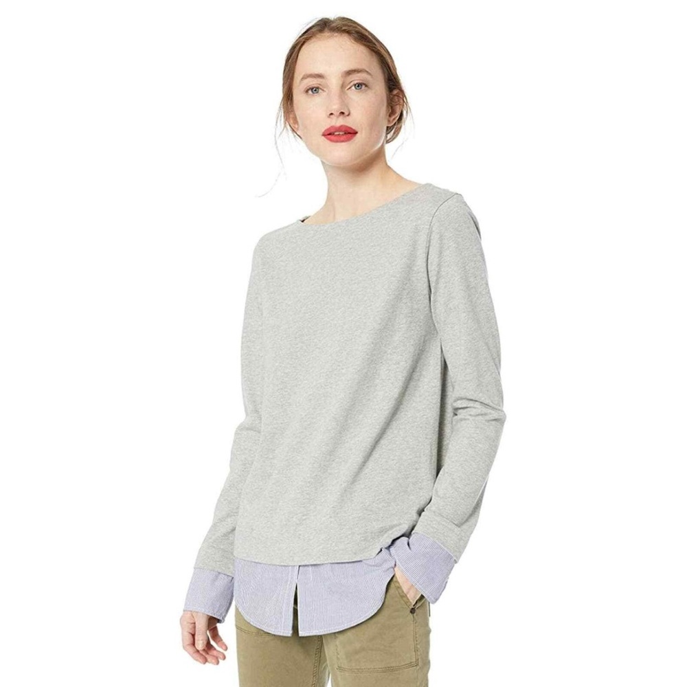 J. Crew Gray Mercantile Boatneck Long Sleeve Layered Collared Preppy Blue Medium